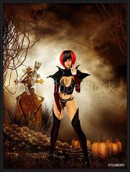 Pôster emoldurado Goth girl in cemetary on halloween night